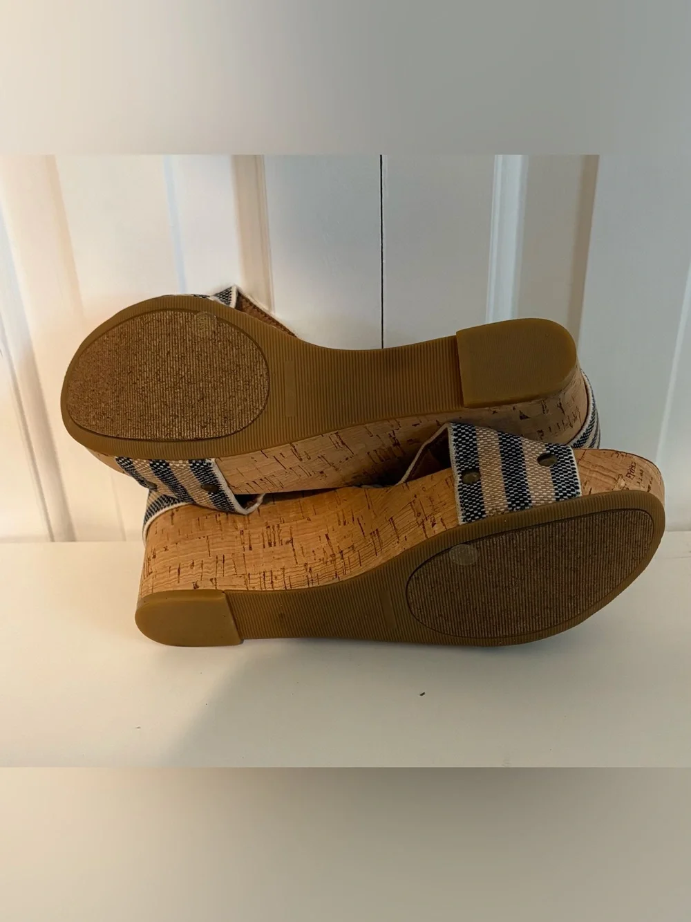 LUCKY BRAND Striped Cork Wedge Slide Sandals - Navy/Tan